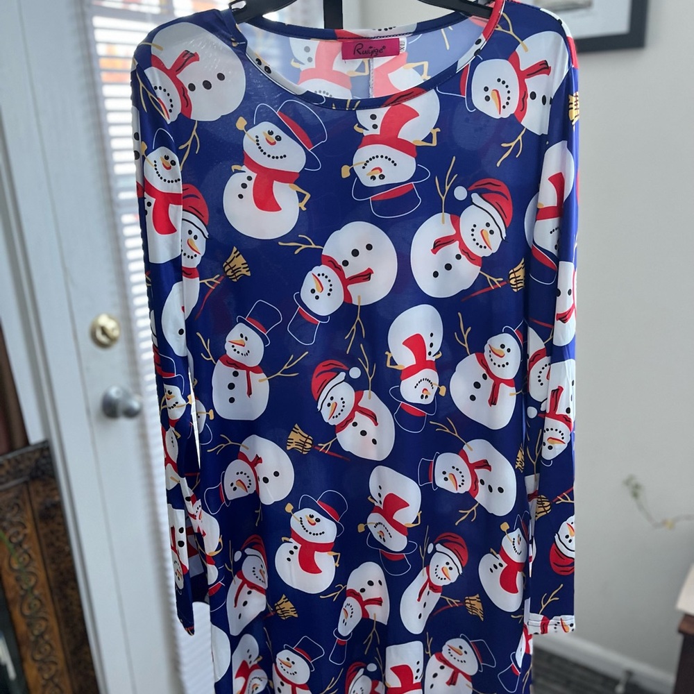 RUIYIGE NWOT FIT & FLARE LONG SLEEVES SNOWMAN ROYAL BLUE, RED & WHITE DR…